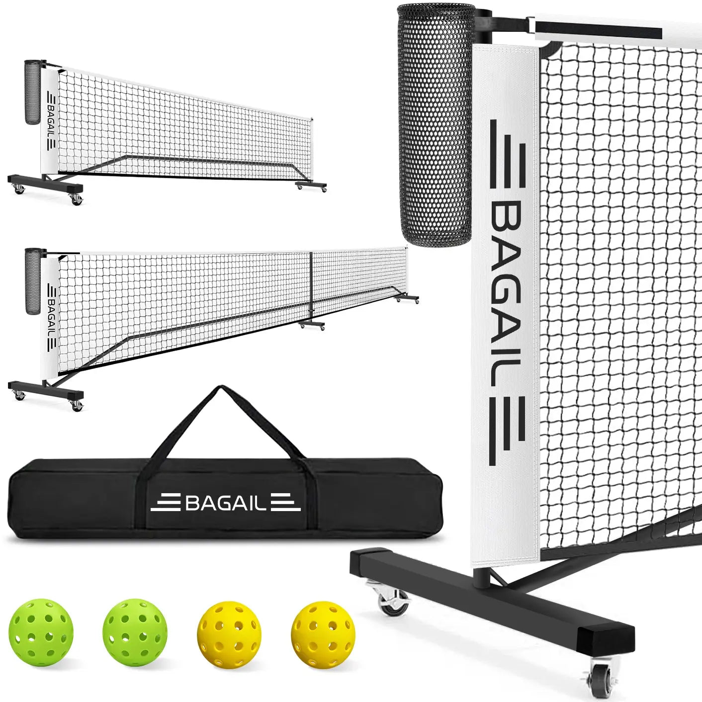 Bagail Portable Pickleball Net Set with Wheels - 22 FT Regulation Size & 11 FT Half Court Size, Includes Ball Collector, Carry Bag, 4 Pickleballs, Easy Setup for Indoor and Outdoor Use