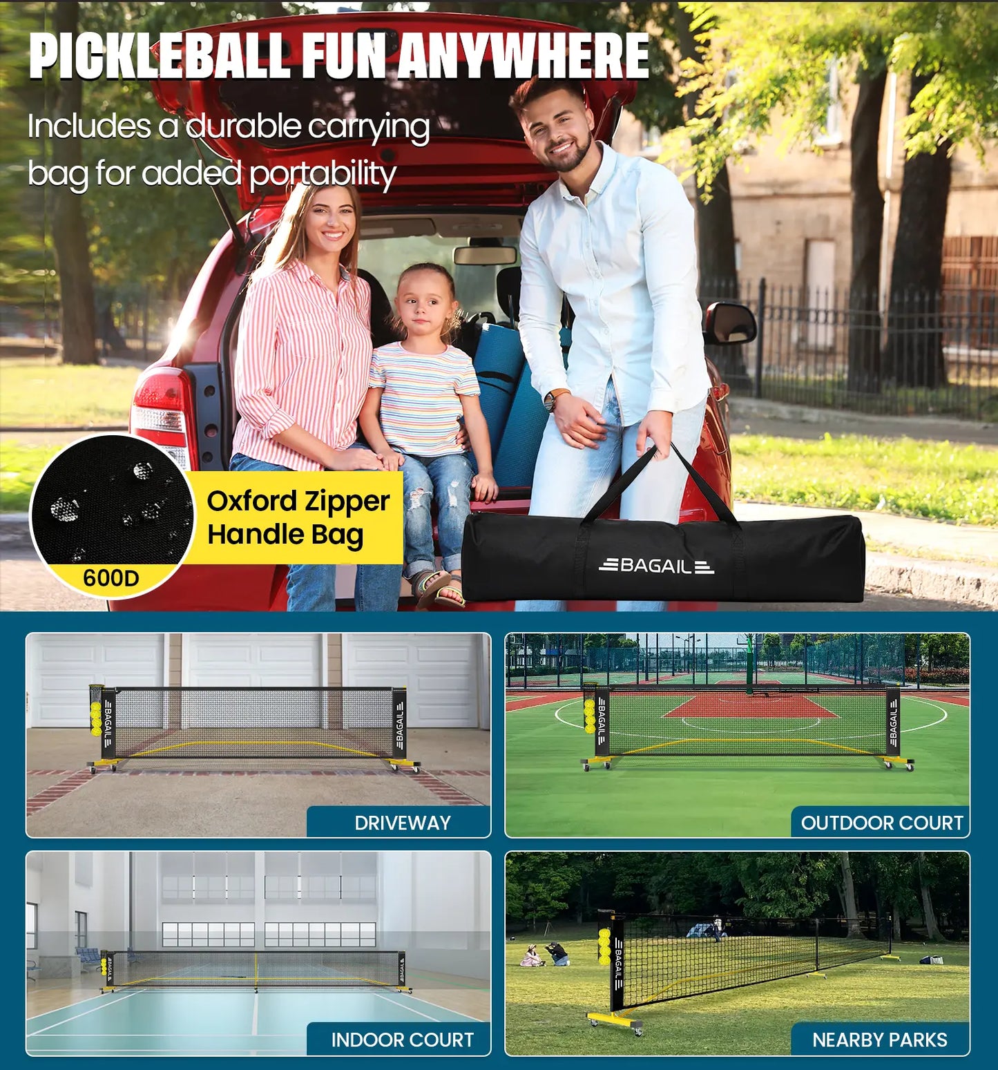 Bagail Portable Pickleball Net Set with Wheels - 22 FT Regulation Size & 11 FT Half Court Size, Includes Ball Collector, Carry Bag, 4 Pickleballs, Easy Setup for Indoor and Outdoor Use