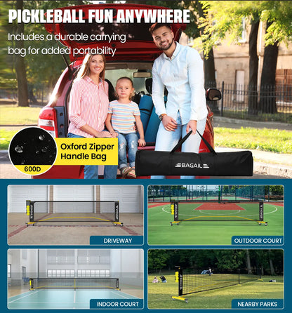 Bagail Portable Pickleball Net Set with Wheels - 22 FT Regulation Size & 11 FT Half Court Size, Includes Ball Collector, Carry Bag, 4 Pickleballs, Easy Setup for Indoor and Outdoor Use