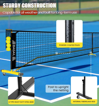 Bagail Portable Pickleball Net Set with Wheels - 22 FT Regulation Size & 11 FT Half Court Size, Includes Ball Collector, Carry Bag, 4 Pickleballs, Easy Setup for Indoor and Outdoor Use
