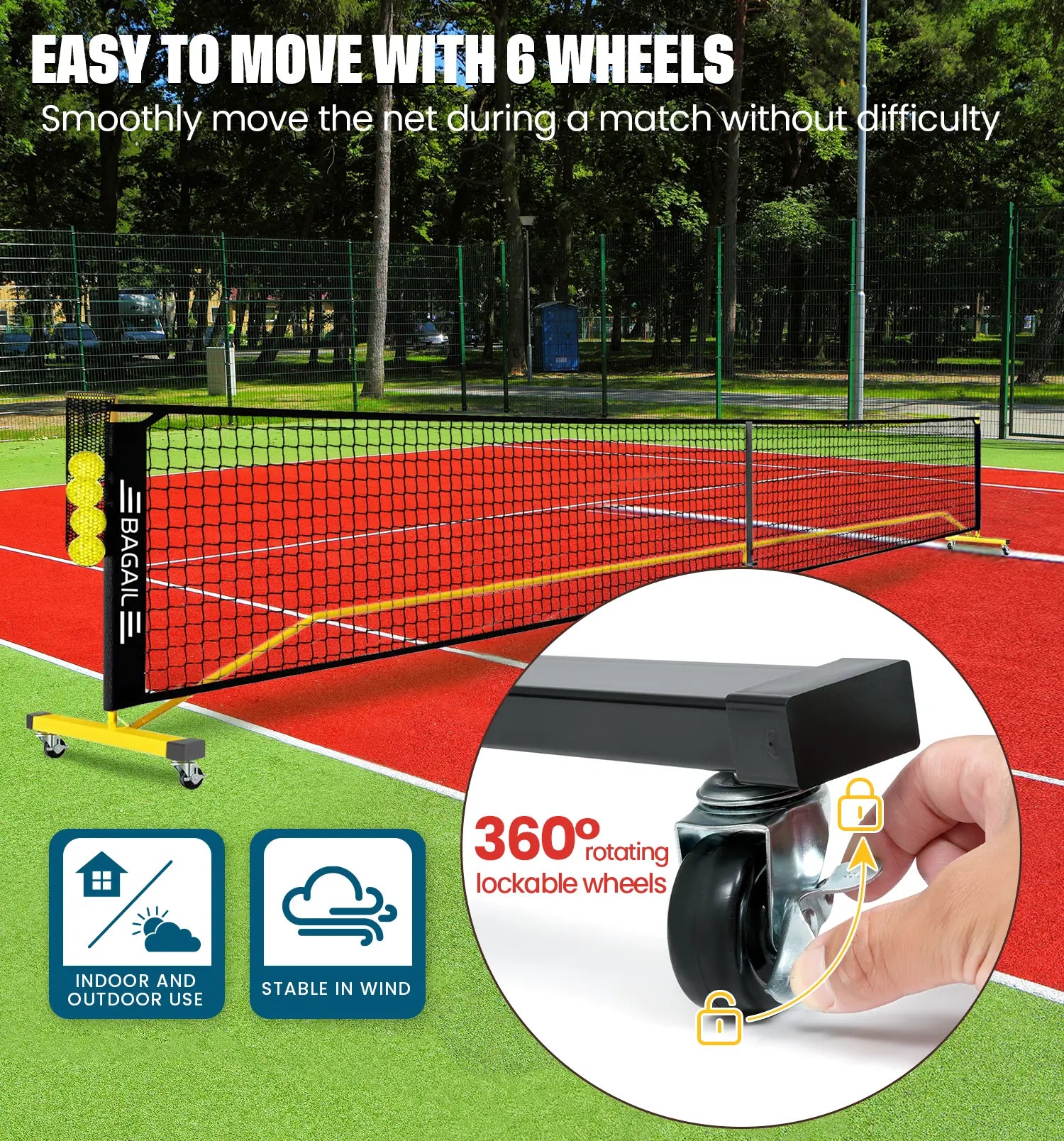 Bagail Portable Pickleball Net Set with Wheels - 22 FT Regulation Size & 11 FT Half Court Size, Includes Ball Collector, Carry Bag, 4 Pickleballs, Easy Setup for Indoor and Outdoor Use
