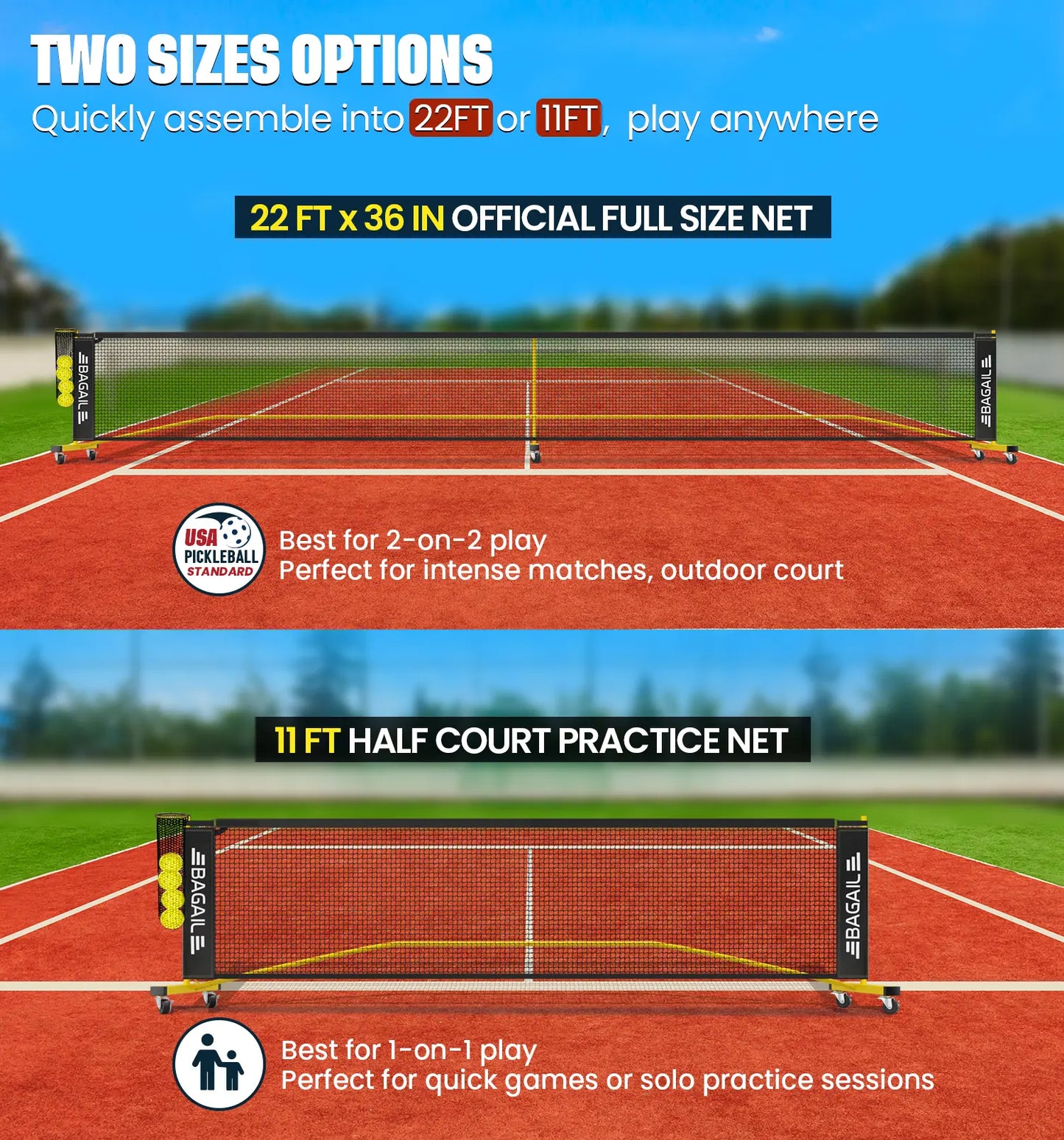 Bagail Portable Pickleball Net Set with Wheels - 22 FT Regulation Size & 11 FT Half Court Size, Includes Ball Collector, Carry Bag, 4 Pickleballs, Easy Setup for Indoor and Outdoor Use
