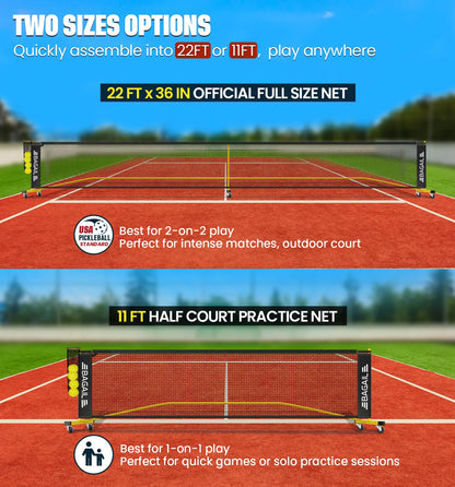 Bagail Portable Pickleball Net Set with Wheels - 22 FT Regulation Size & 11 FT Half Court Size, Includes Ball Collector, Carry Bag, 4 Pickleballs, Easy Setup for Indoor and Outdoor Use