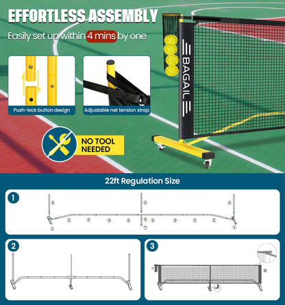 Bagail Portable Pickleball Net Set with Wheels - 22 FT Regulation Size & 11 FT Half Court Size, Includes Ball Collector, Carry Bag, 4 Pickleballs, Easy Setup for Indoor and Outdoor Use