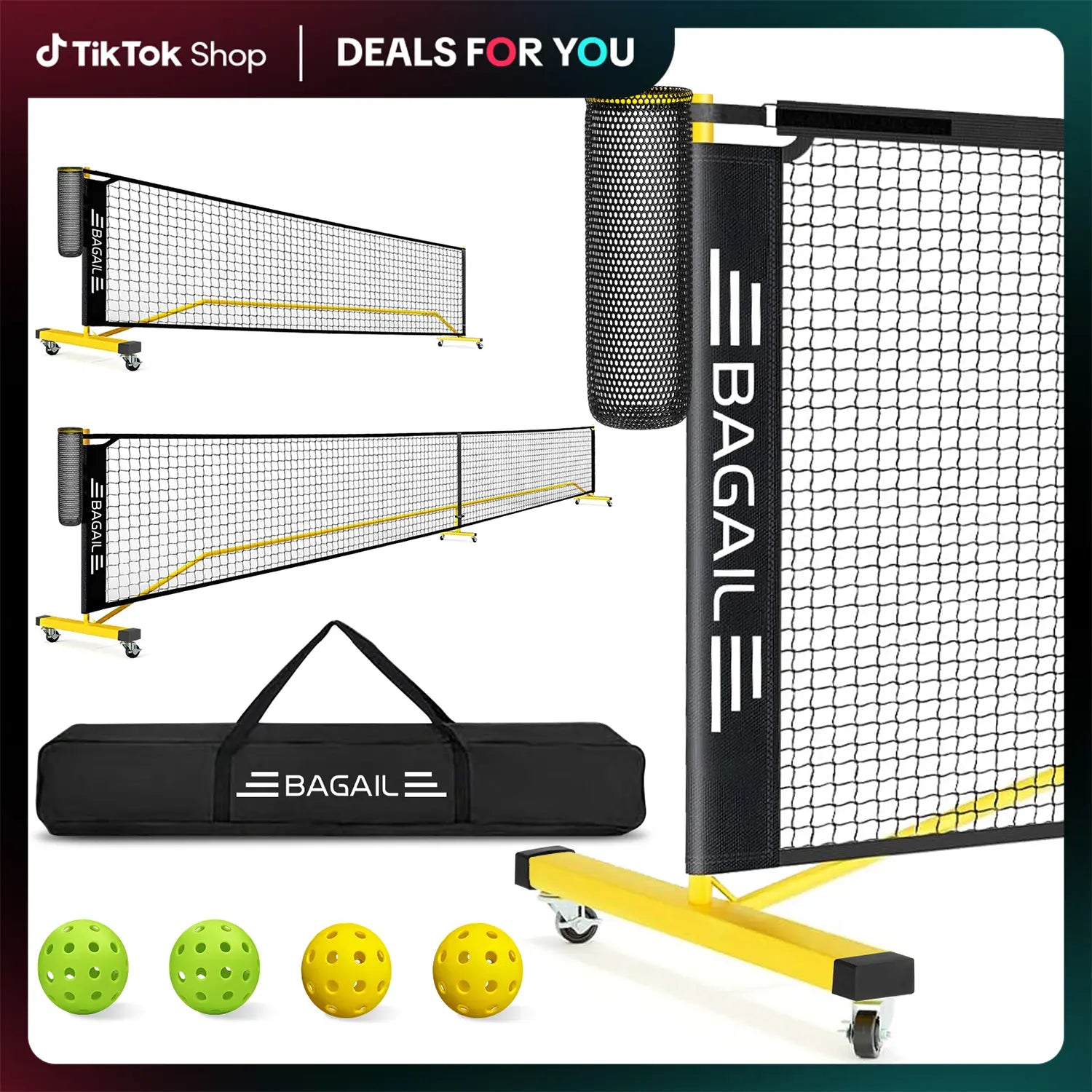 Bagail Portable Pickleball Net Set with Wheels - 22 FT Regulation Size & 11 FT Half Court Size, Includes Ball Collector, Carry Bag, 4 Pickleballs, Easy Setup for Indoor and Outdoor Use