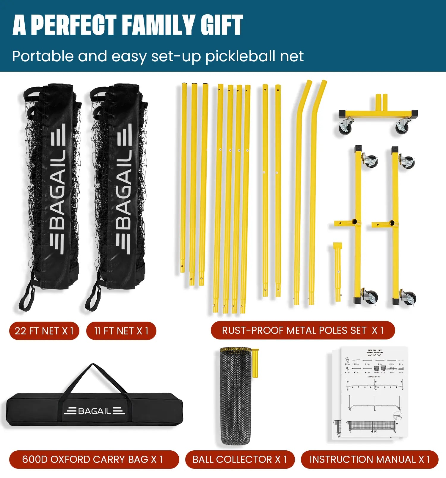 Bagail Portable Pickleball Net Set with Wheels - 22 FT Regulation Size & 11 FT Half Court Size, Includes Ball Collector, Carry Bag, 4 Pickleballs, Easy Setup for Indoor and Outdoor Use