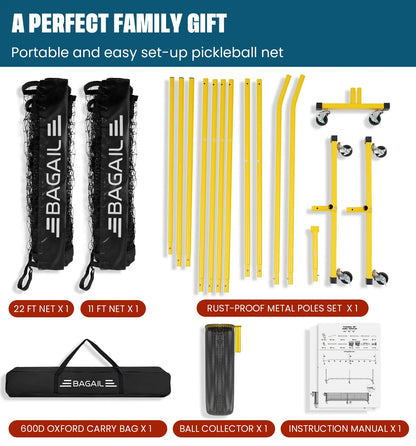 Bagail Portable Pickleball Net Set with Wheels - 22 FT Regulation Size & 11 FT Half Court Size, Includes Ball Collector, Carry Bag, 4 Pickleballs, Easy Setup for Indoor and Outdoor Use