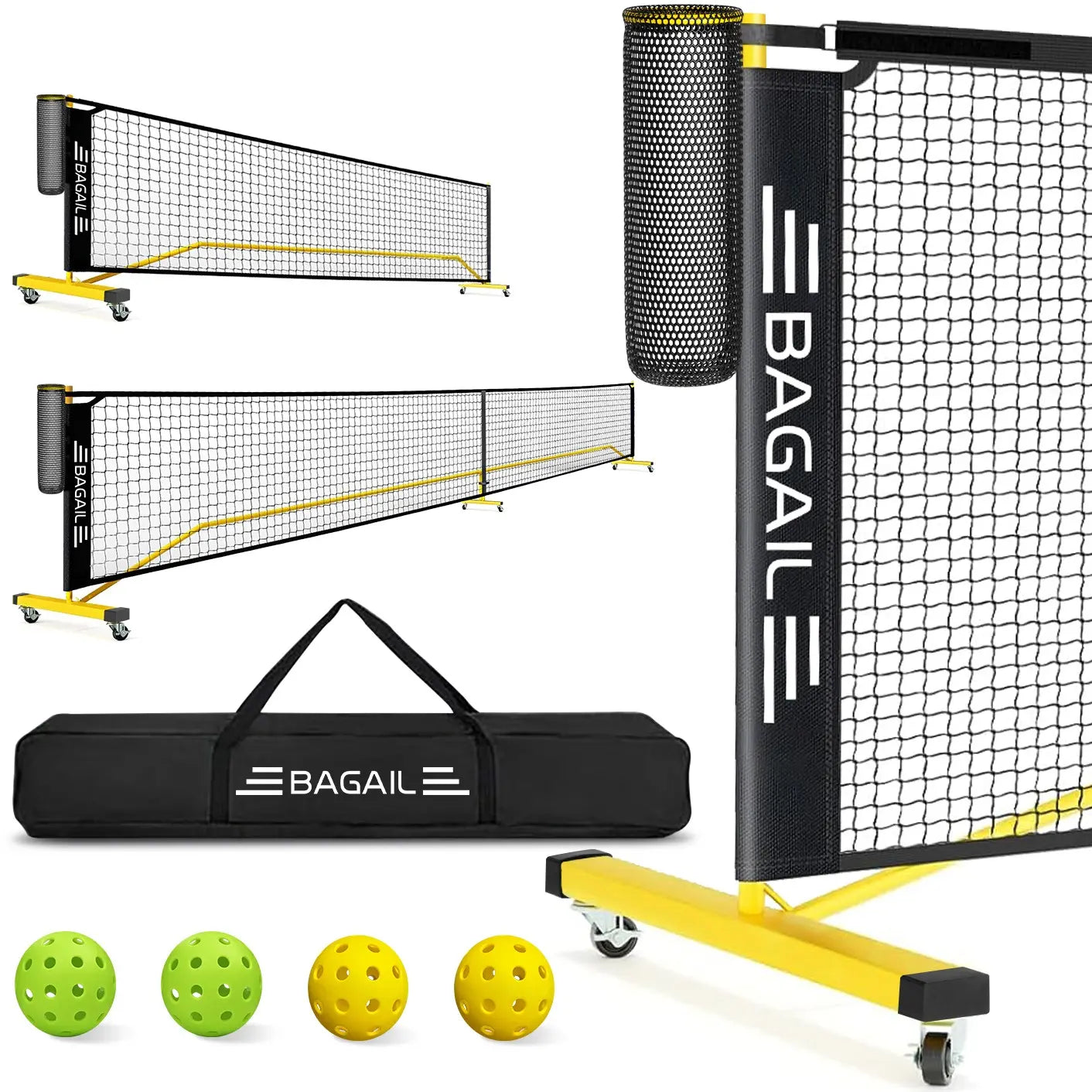 Bagail Portable Pickleball Net Set with Wheels - 22 FT Regulation Size & 11 FT Half Court Size, Includes Ball Collector, Carry Bag, 4 Pickleballs, Easy Setup for Indoor and Outdoor Use